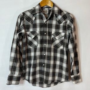 Ely Cattleman MEDIUM Gray Metallic Plaid Pearl Snaps Western Cowboy Rockabilly
